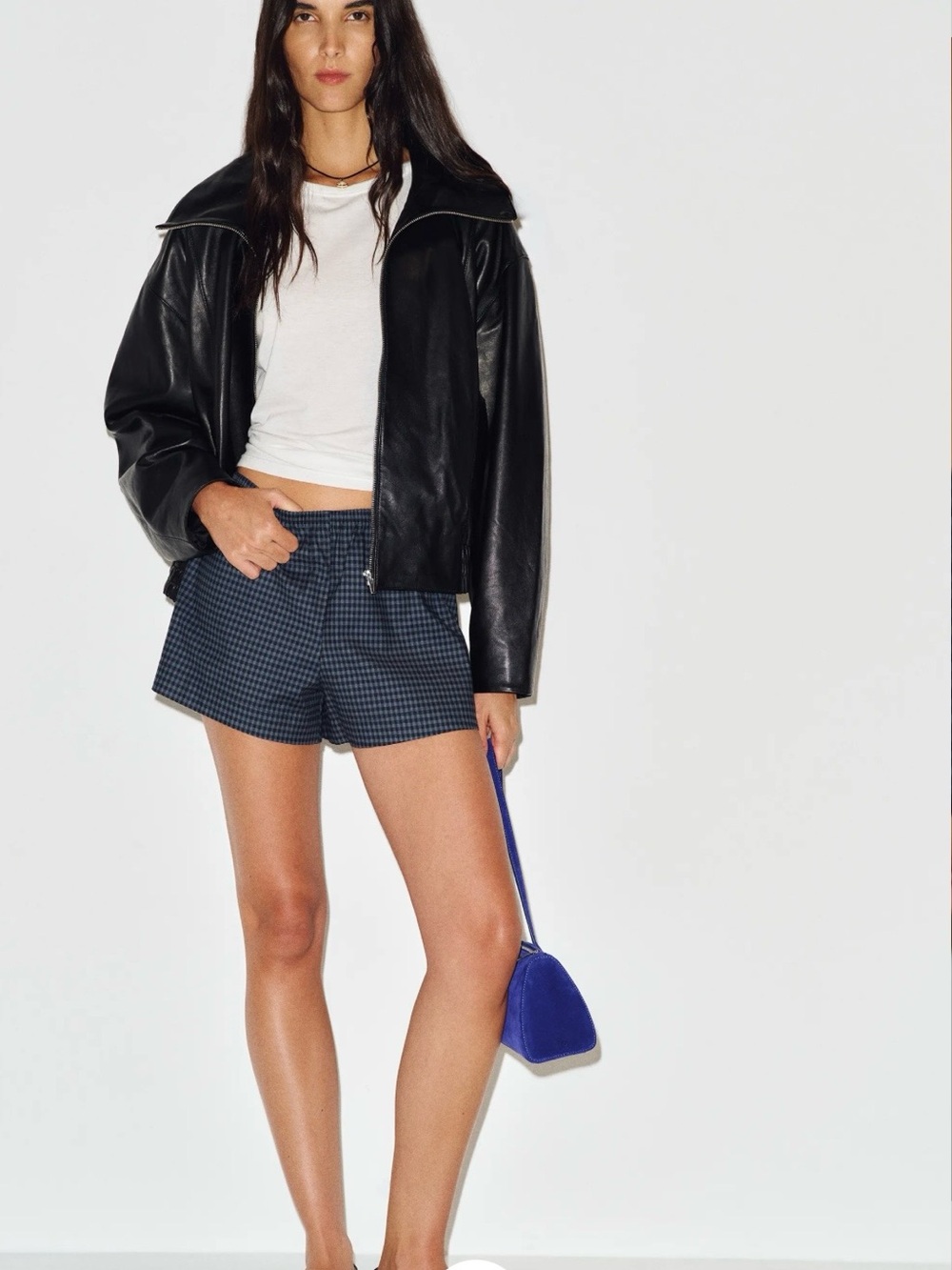 Reformation Checked High-Waist Shorts in Navy and Black